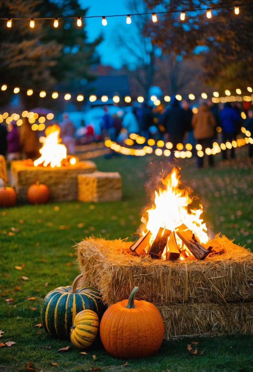 A cozy autumn scene with a bonfire, hay bales, and twinkling lights at a local fall festival