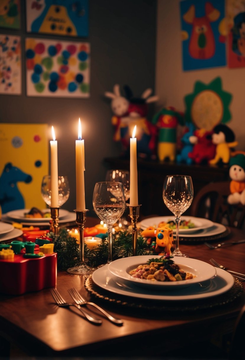 A candlelit table set with wine glasses and a fancy meal, surrounded by toys and children's artwork