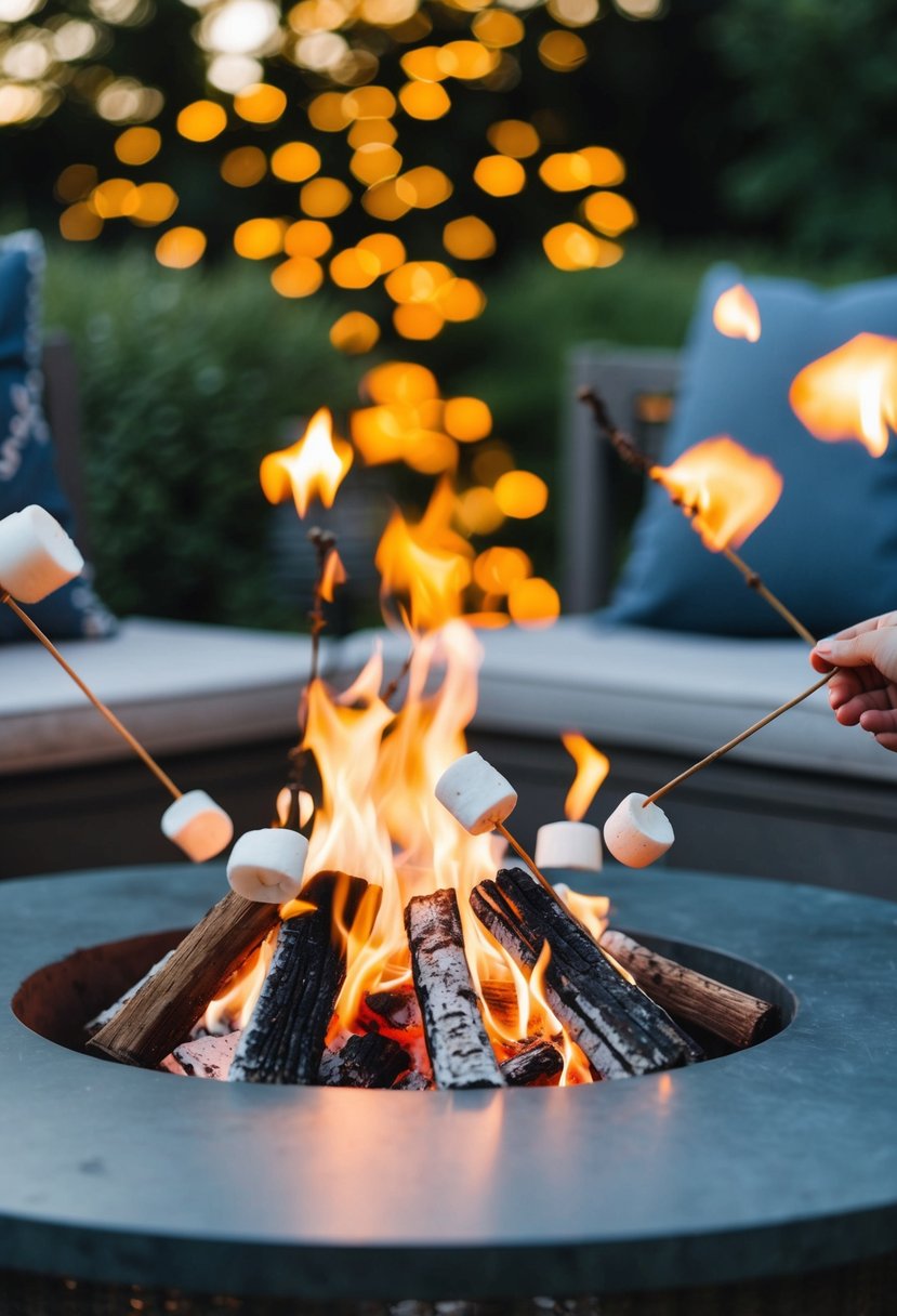 A cozy backyard fire pit with roasting marshmallows on sticks