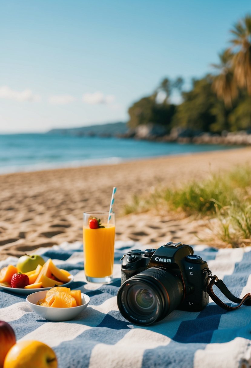 A sunny beach with a picnic blanket, fruit, and a camera capturing the couple's virtual date activities, such as making digital scrapbooks and sharing summer memories