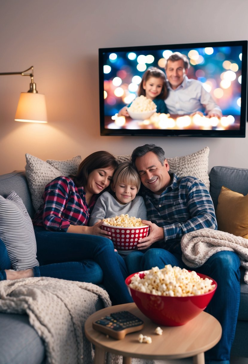 A family snuggles on a couch surrounded by blankets and pillows, with a big bowl of popcorn and a movie playing on the TV