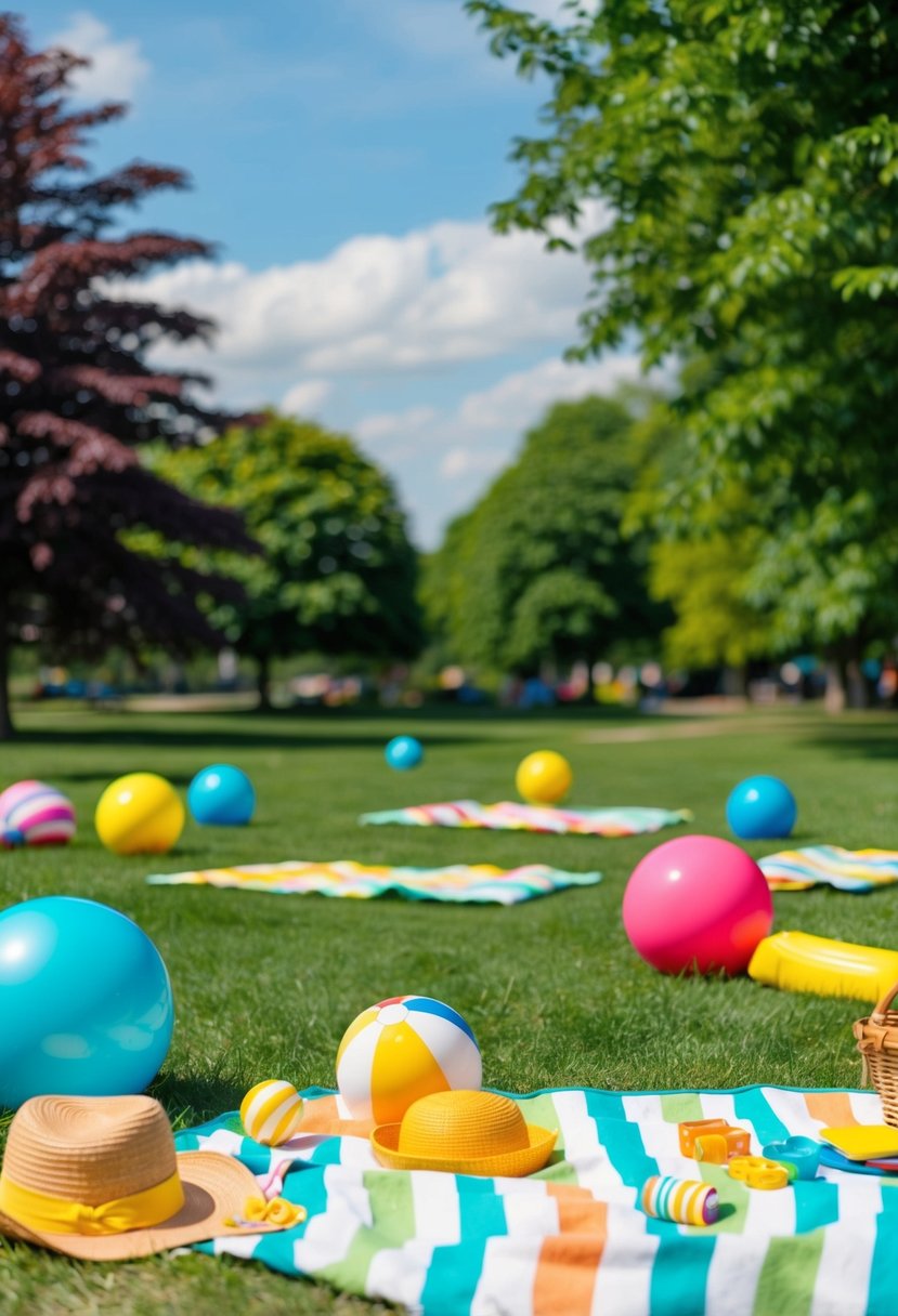 A colorful virtual park with picnic blankets, beach balls, and summer-themed items scattered around for a scavenger hunt game