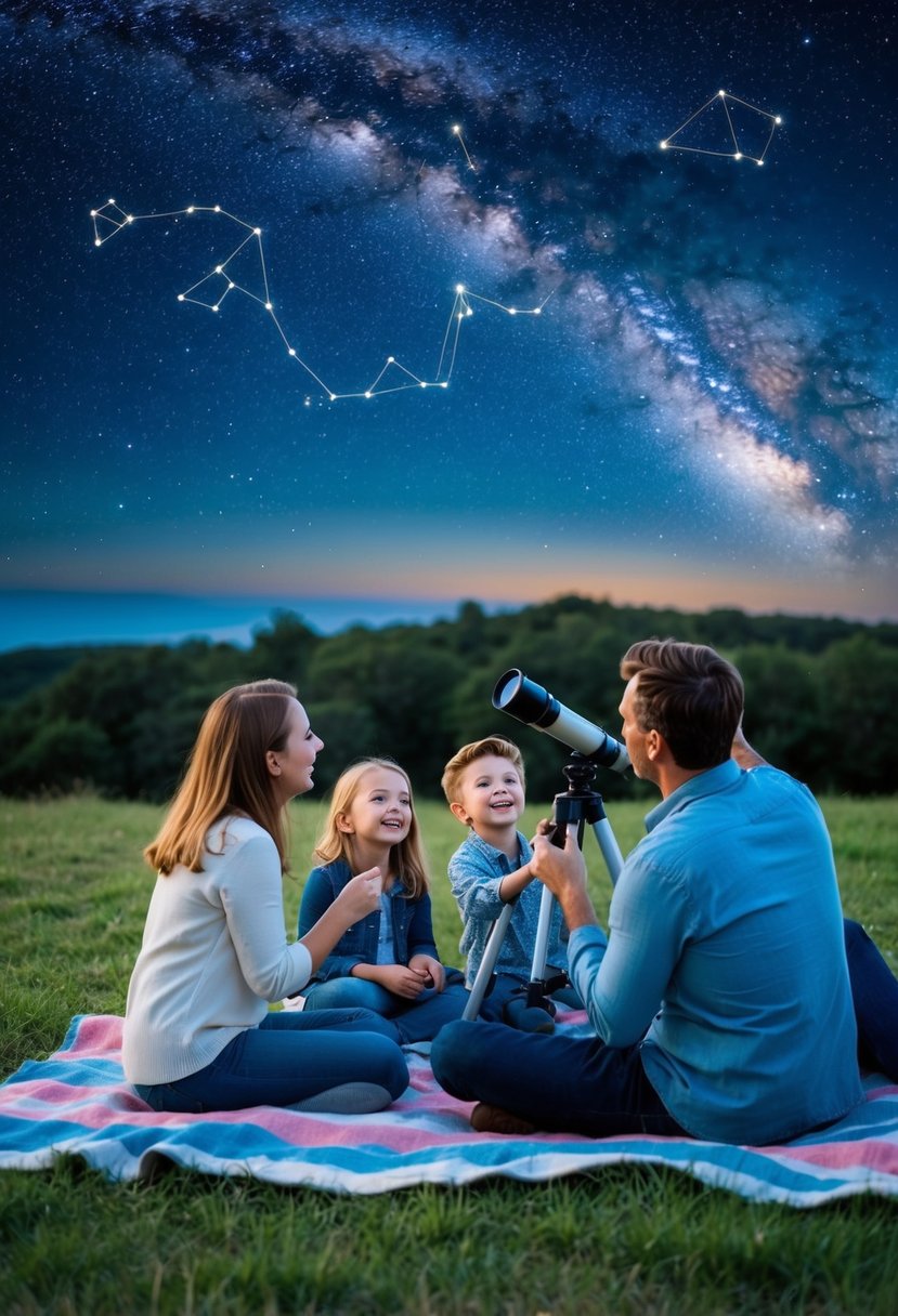 A family sits on a blanket under a starry sky, pointing out constellations with a telescope. The children are wide-eyed with wonder as the parents share stories of the night sky