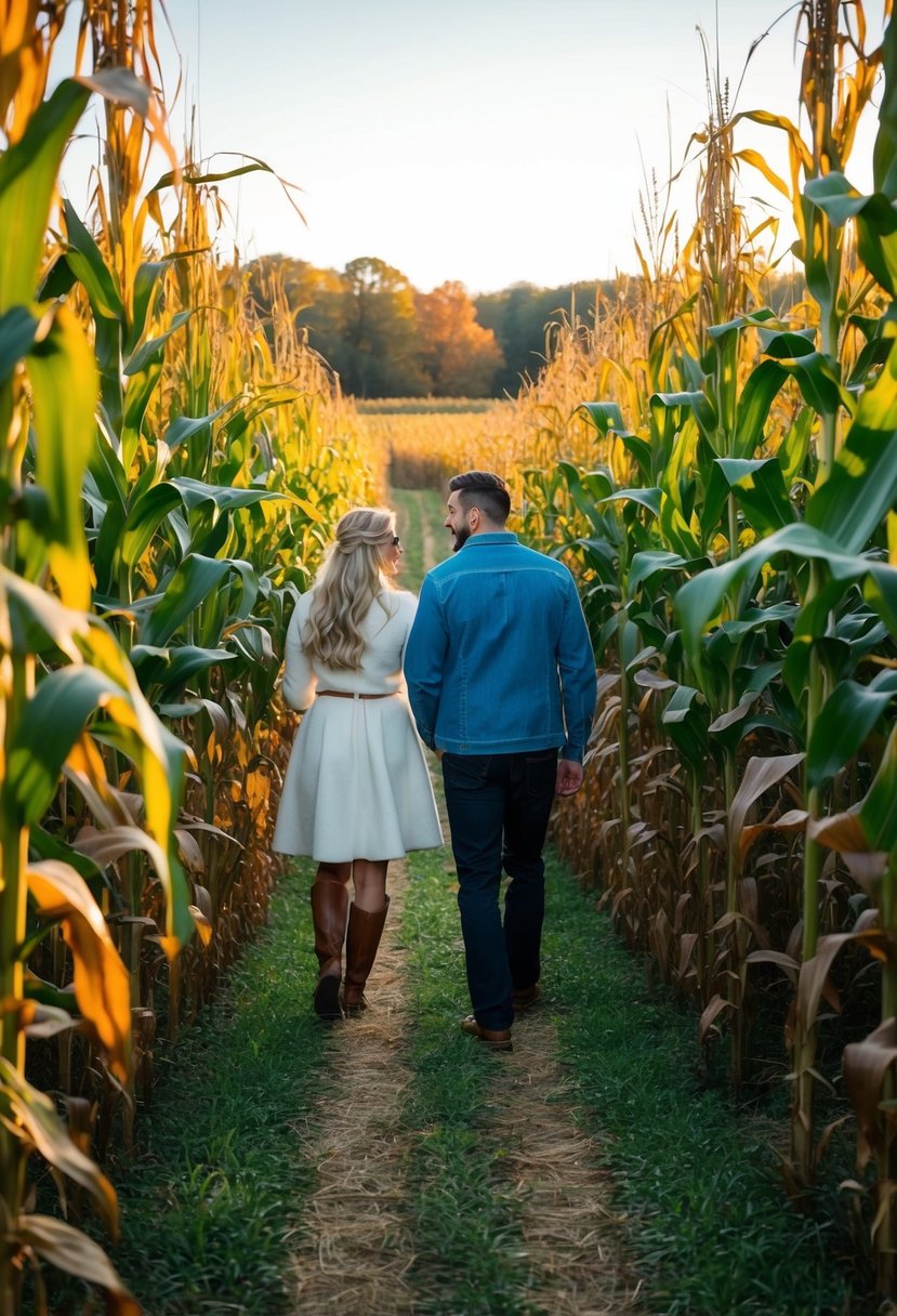 A couple wanders through a winding corn maze, surrounded by tall stalks and colorful autumn foliage. The setting sun casts a warm glow over the scene