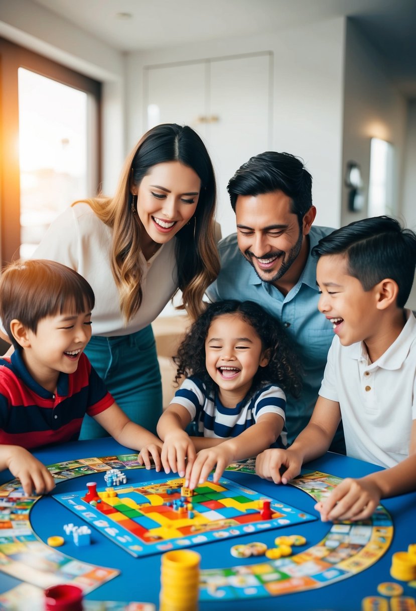 A couple and their kids gather around a table covered with a colorful board game, laughing and having fun together