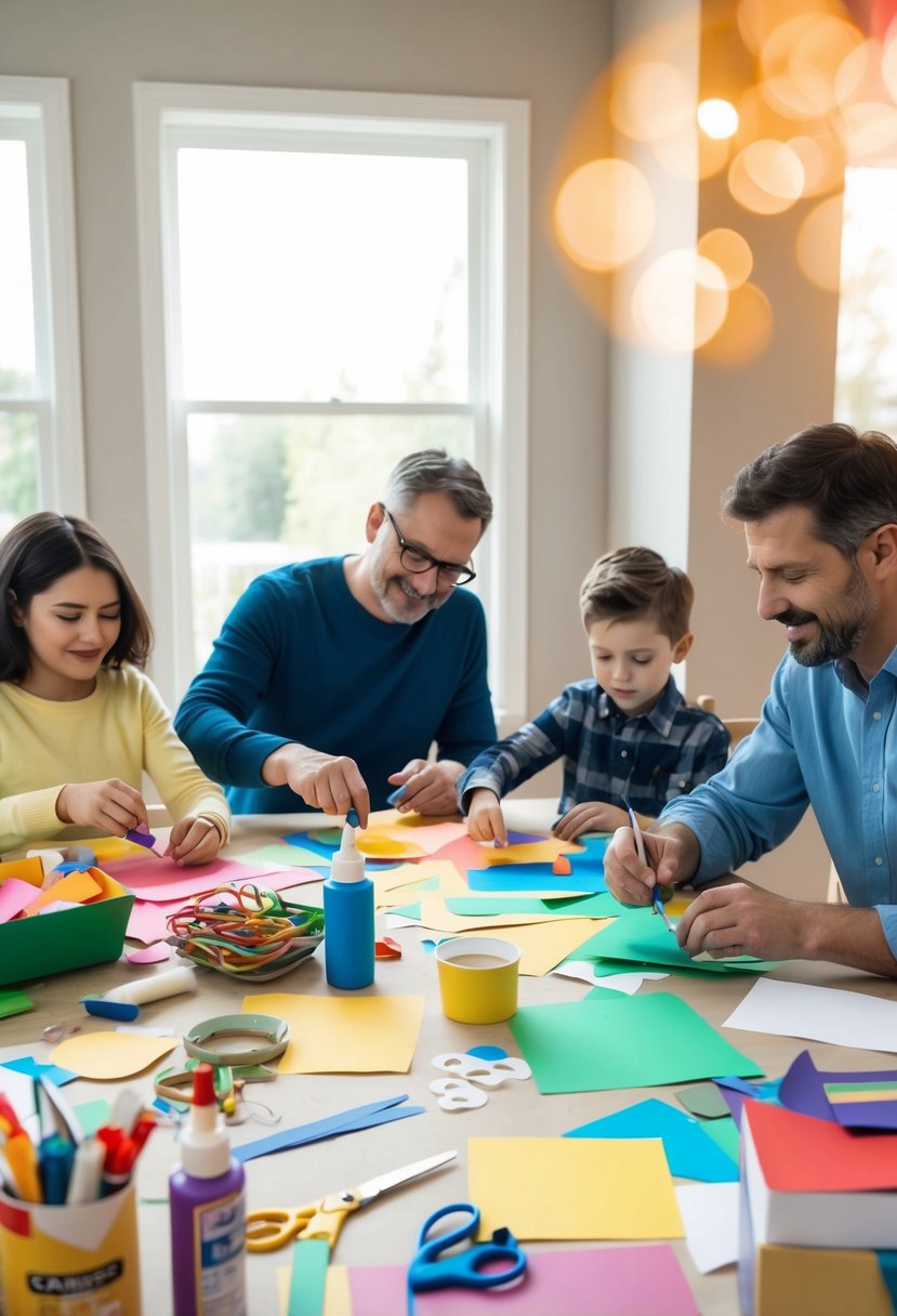 A family sits at a table covered in craft supplies, creating together. A colorful array of paper, glue, and scissors fills the scene