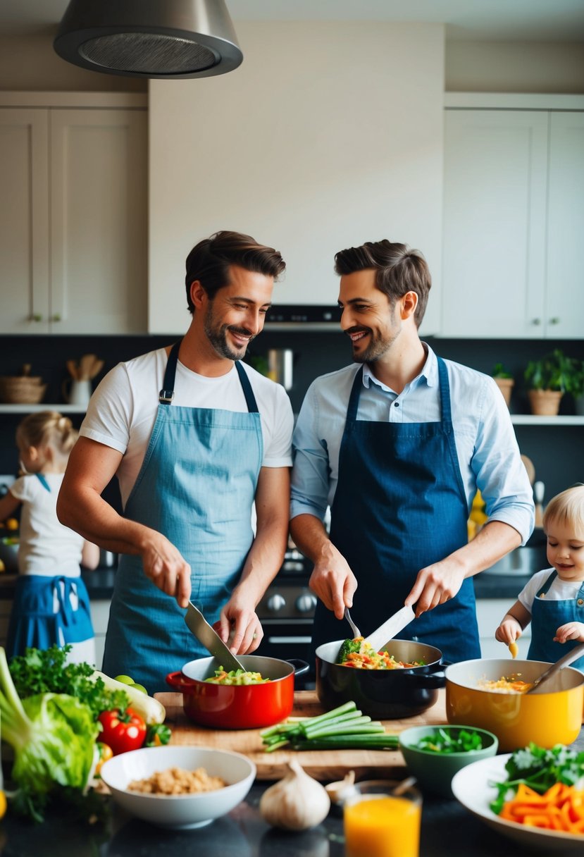 A couple stands side by side in the kitchen, chopping vegetables and stirring pots as they work together to cook a new recipe. Their children play nearby, adding to the lively atmosphere