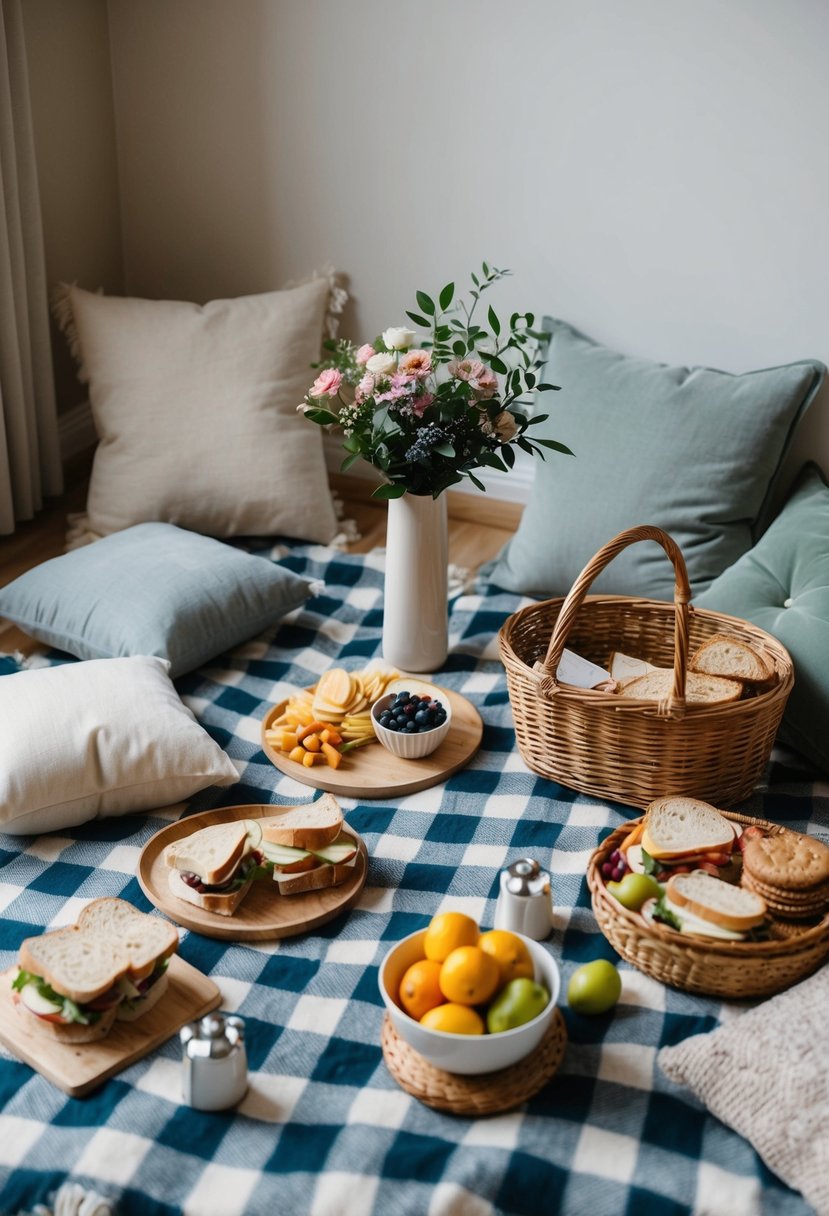 An indoor picnic with a checkered blanket spread out on the floor, surrounded by a basket of sandwiches, fruit, and snacks. A vase of fresh flowers sits in the center, with soft lighting and cozy cushions for seating