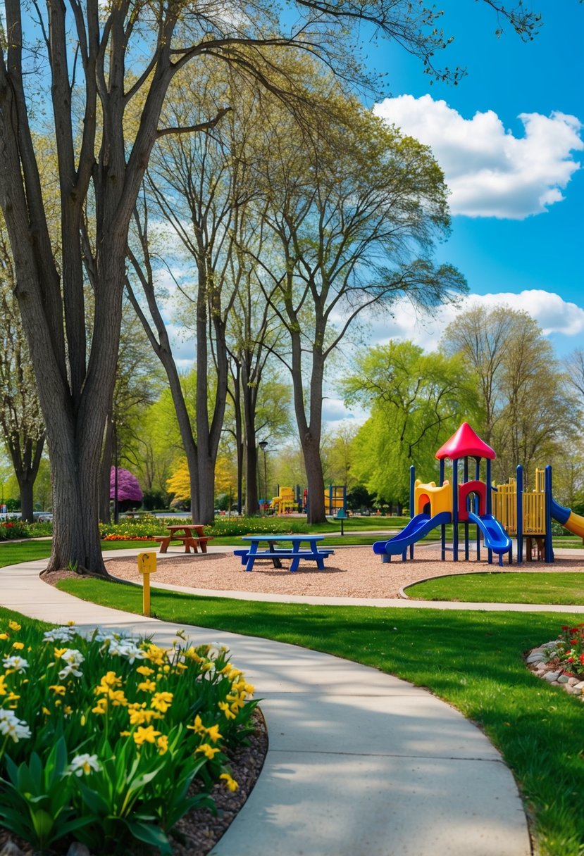 A sunny park with a winding path, colorful playground, and picnic area surrounded by tall trees and blooming flowers