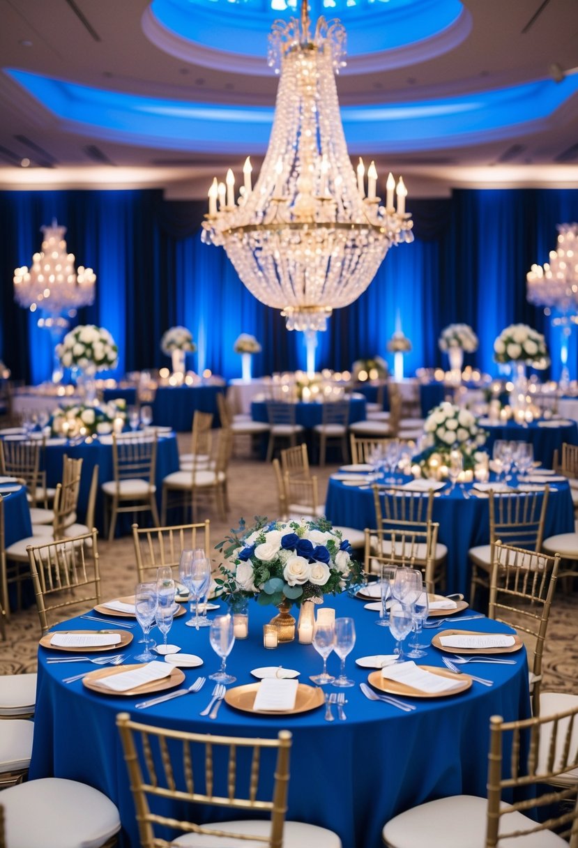 A royal blue wedding scene with floral centerpieces, elegant table settings, and a grand chandelier