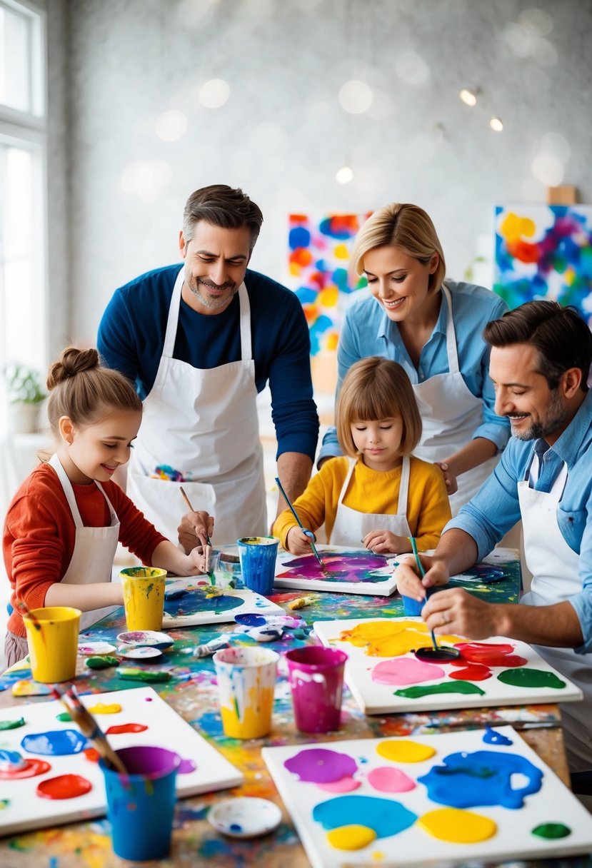 A family of four sits at a table covered in paint and canvases, creating colorful artwork together