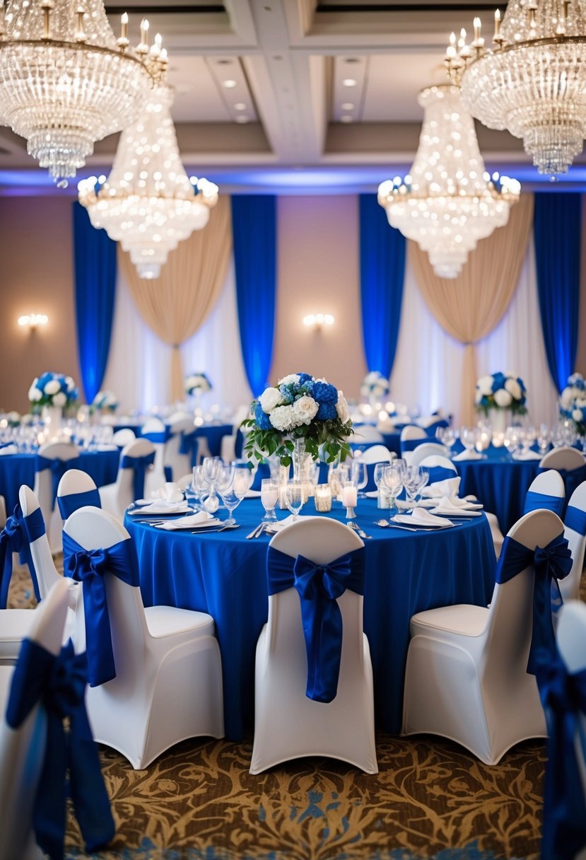 A grand ballroom adorned with royal blue and white floral arrangements, elegant drapery, and shimmering chandeliers