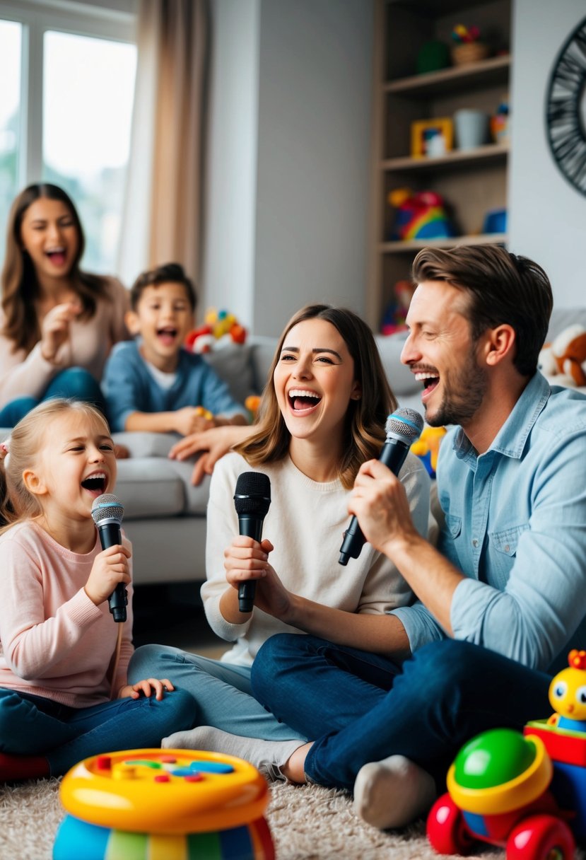 A couple with kids sing karaoke in their cozy living room, surrounded by toys and laughter