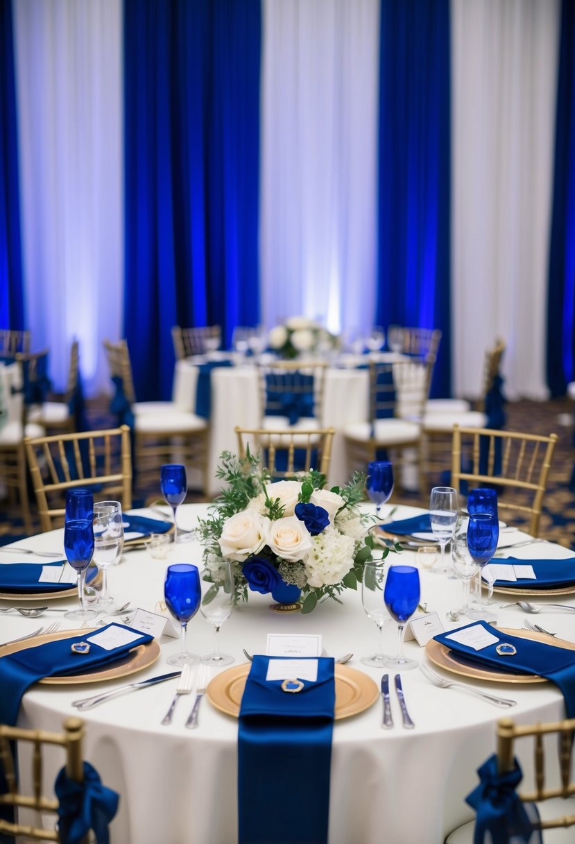 A regal wedding table set with navy blue accents amidst a royal blue color scheme