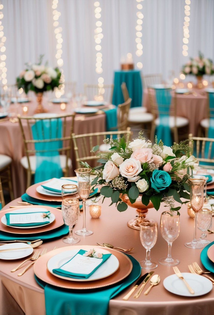 A rose gold and teal wedding scene with elegant table settings, floral centerpieces, and shimmering decorations