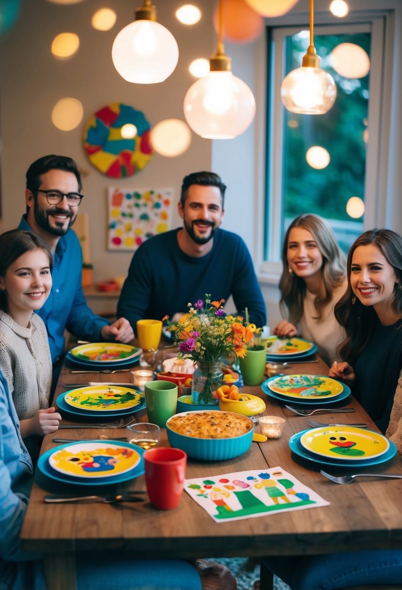 A cozy dining table with colorful decorations, kids' artwork, and themed dinner dishes, surrounded by happy couples enjoying a fun and relaxed evening together