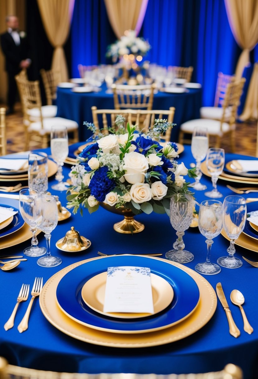 A regal royal blue and gold wedding table setting with elegant floral centerpieces and gilded tableware