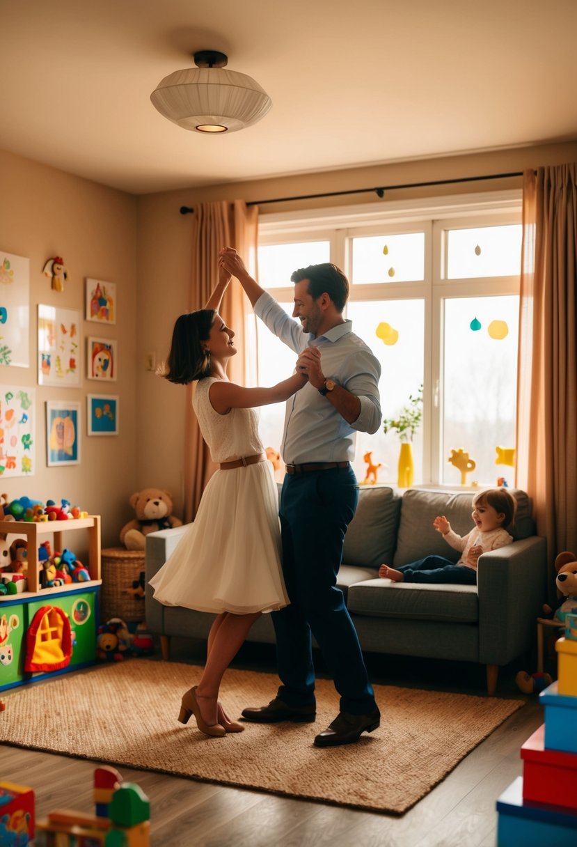 A couple dances in their cozy living room, surrounded by toys and children's artwork. Warm light streams in through the window, casting a soft glow on the scene