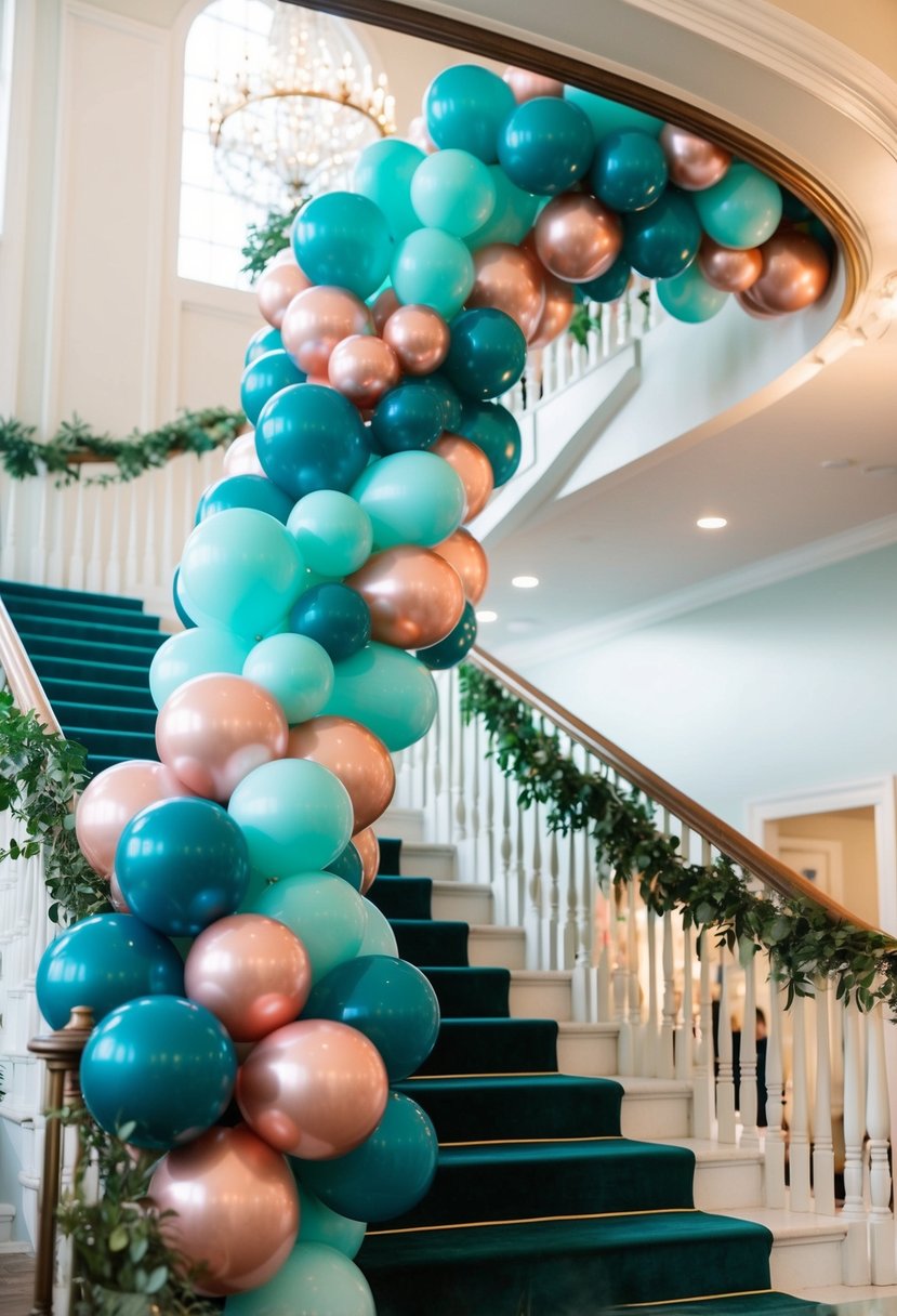 A teal and rose gold balloon garland cascades down a grand staircase, creating a stunning entrance for a wedding celebration