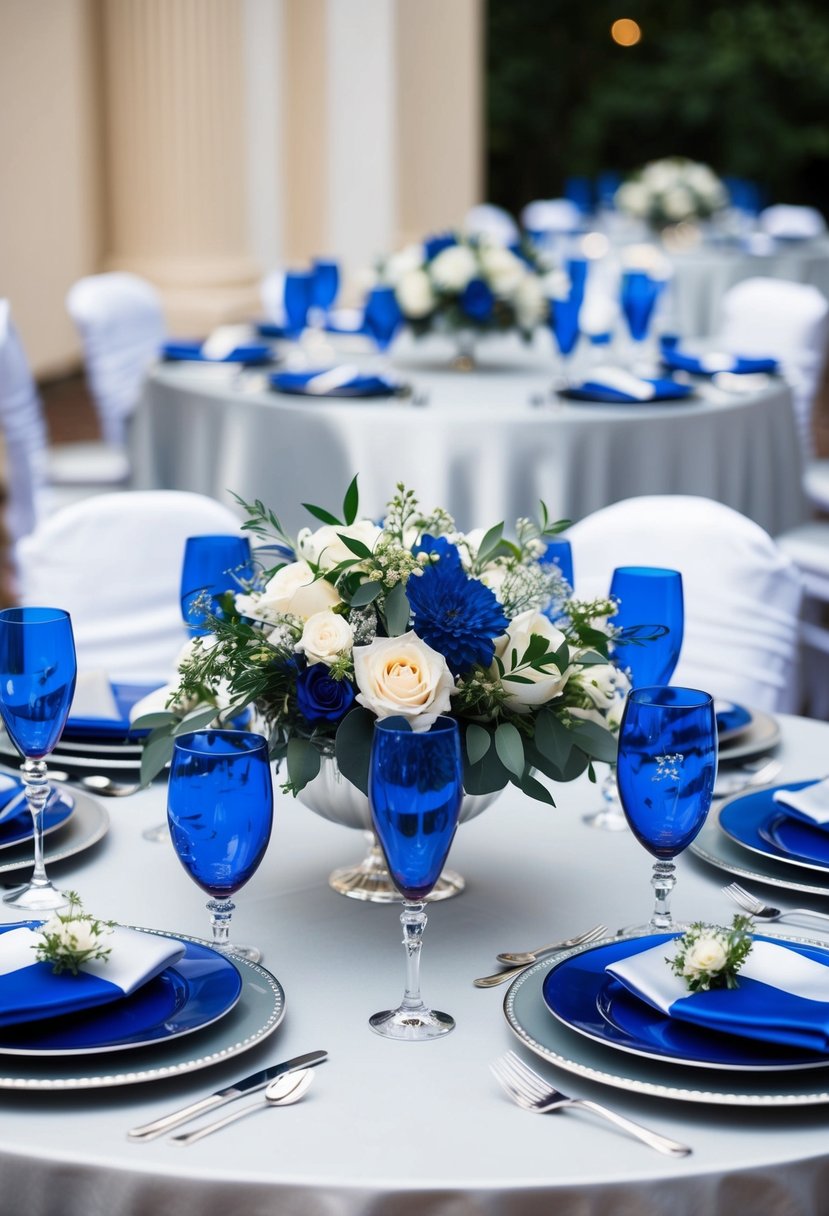 A silver and royal blue wedding table setting with elegant floral centerpieces and matching silver and blue place settings