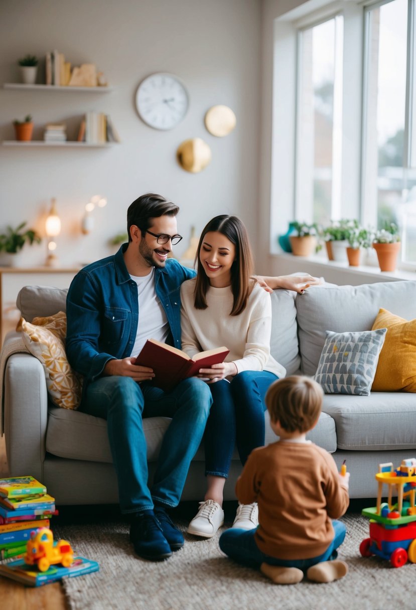 A couple sits on a cozy couch, reading a book together. Their children play nearby, surrounded by toys and books