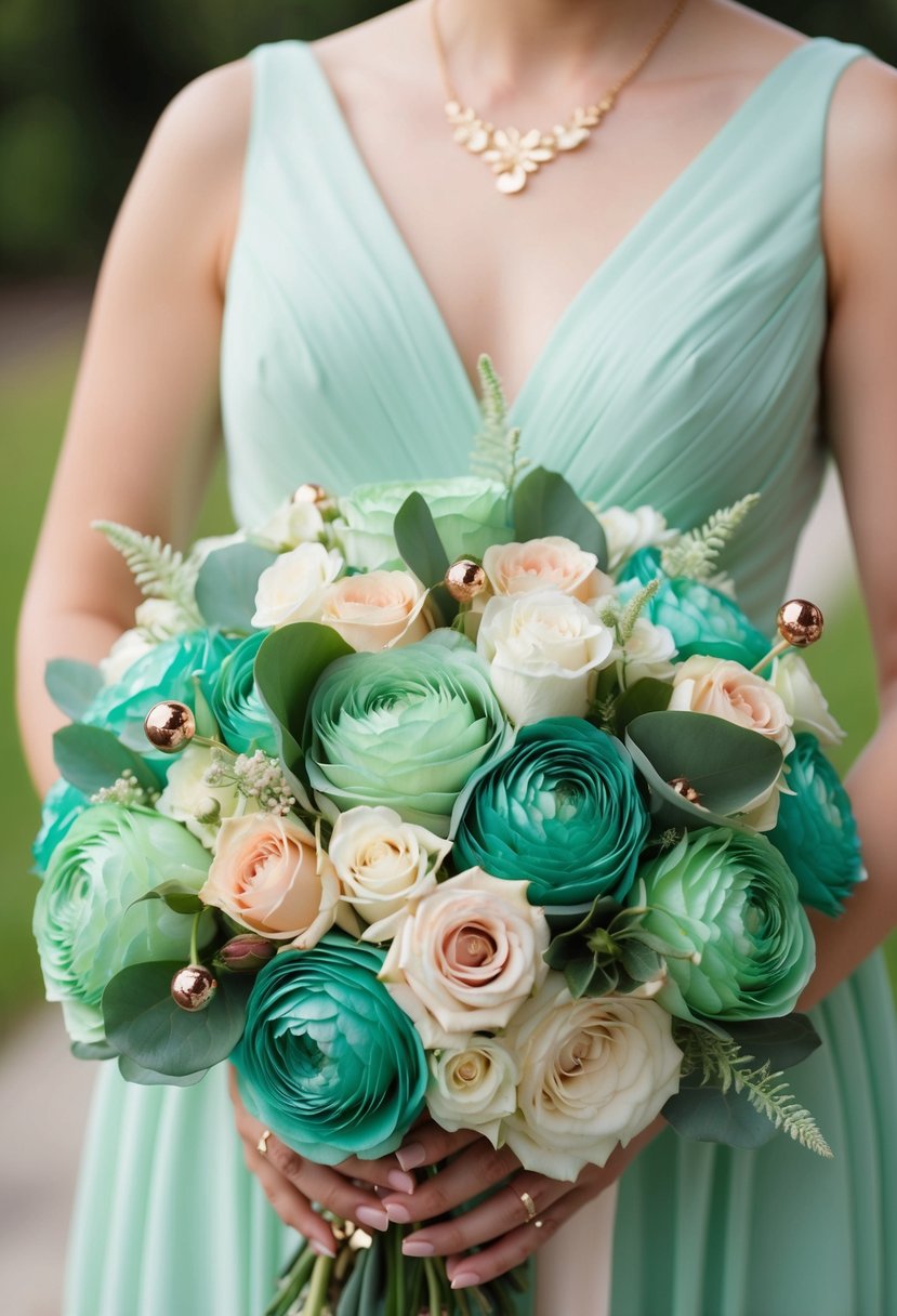 A light teal and pale green wedding bouquet accented with rose gold details