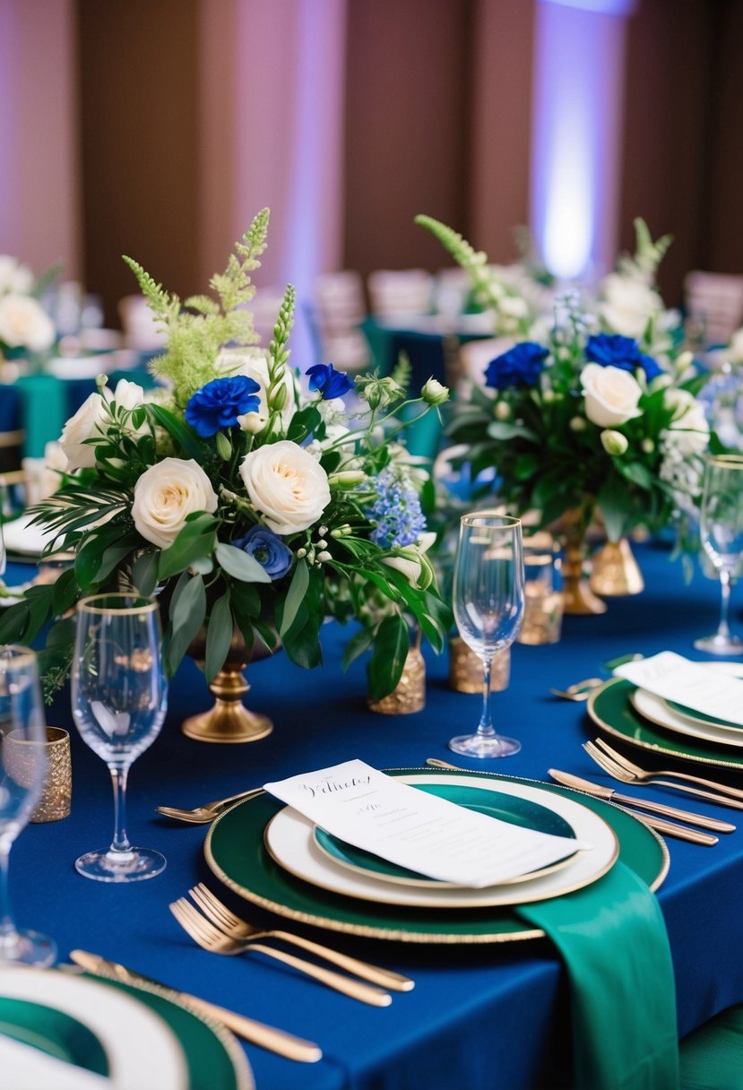 A regal blue and green wedding table setting with elegant floral centerpieces and matching place settings