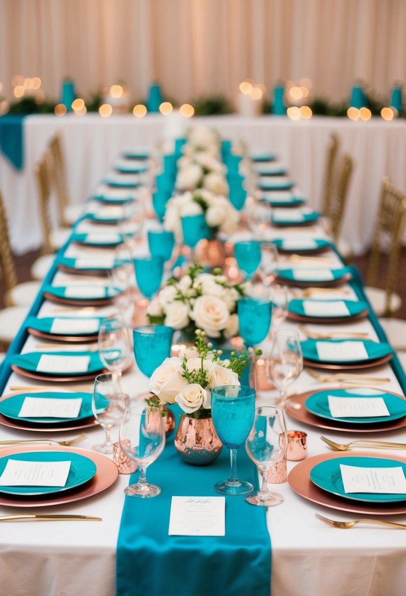 Elegant teal and rose gold table settings arranged on a table for a wedding reception