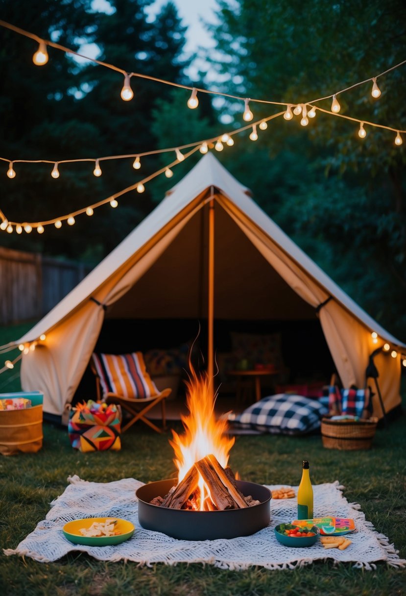 A cozy backyard tent with a glowing campfire, surrounded by twinkling string lights and a picnic blanket with snacks and games