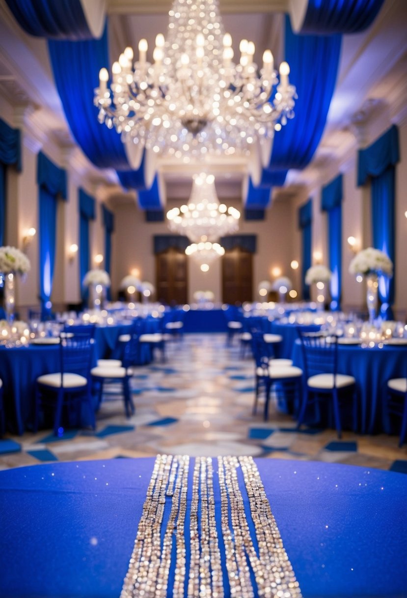 A grand ballroom adorned in royal blue and sparkling silver decor