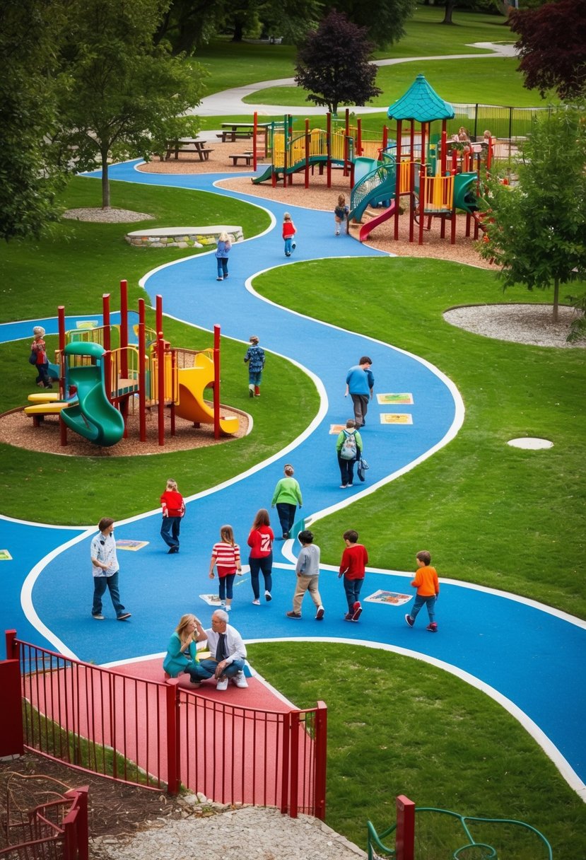 A colorful park with winding paths, playgrounds, and picnic areas. Families explore together, searching for hidden treasures and solving clues