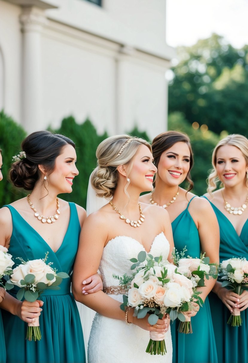 Teal bridesmaid dresses paired with rose gold accessories in a wedding setting