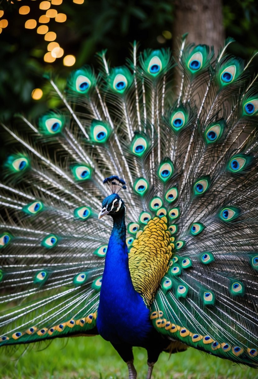 A regal peacock displaying its vibrant feathers in a lush garden with rich royal blue, emerald green, and shimmering gold accents