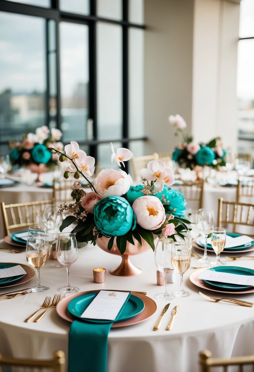 A table adorned with rose gold and teal floral arrangements, showcasing peonies and orchids for a wedding color palette