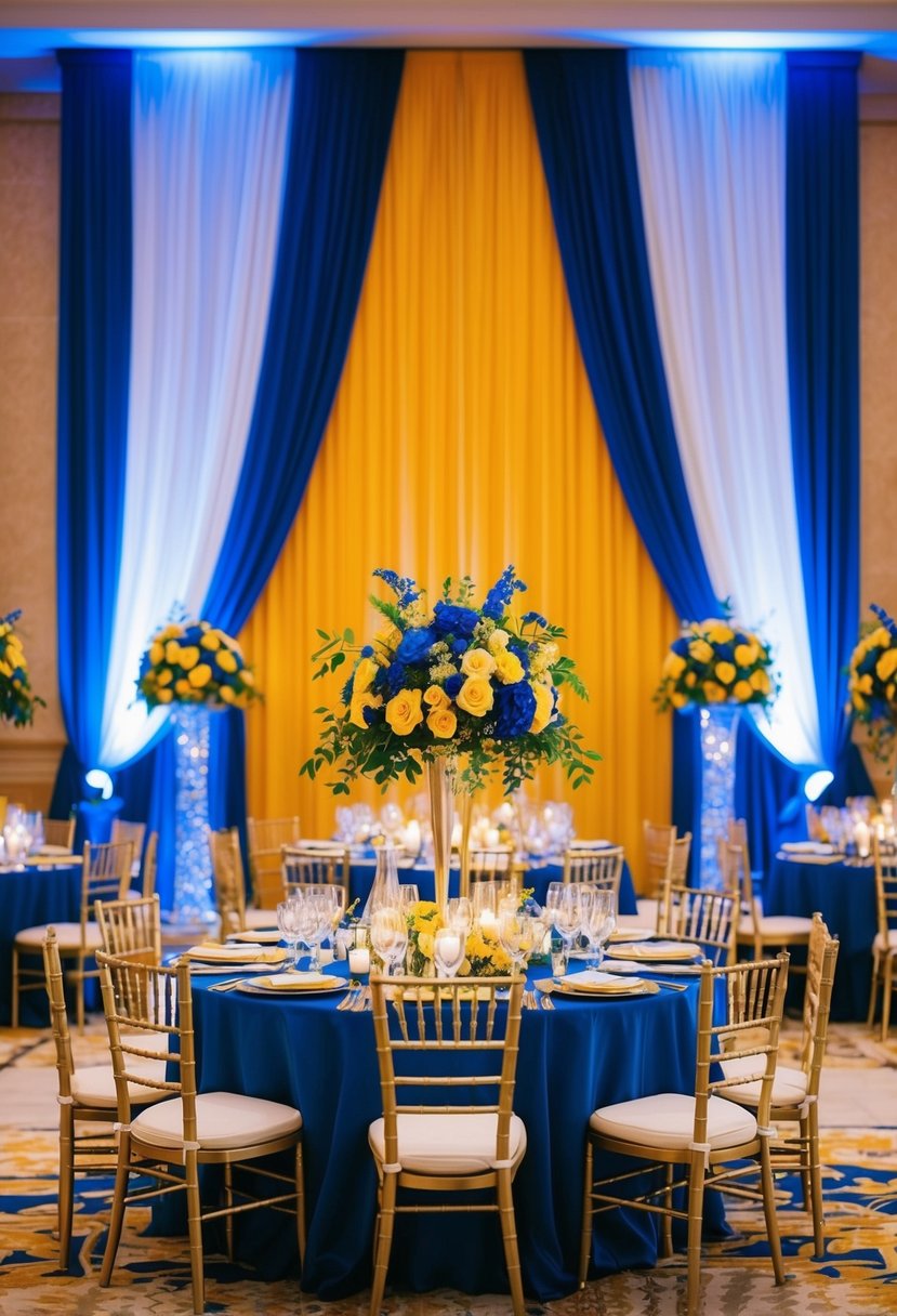 A regal blue and vibrant yellow color palette adorns a grand wedding reception, with golden accents and luxurious floral arrangements