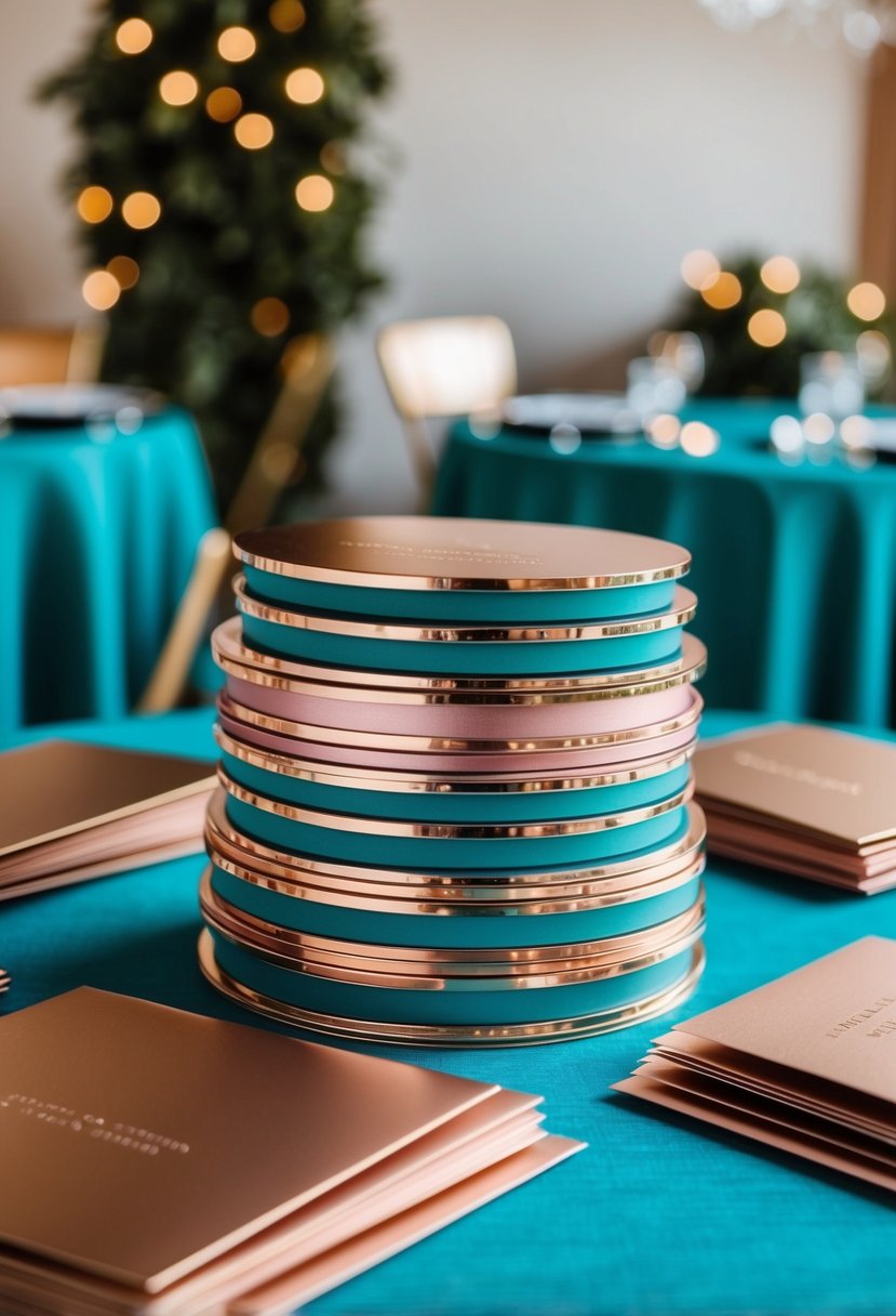 A stack of metallic rose gold invitations with teal accents arranged on a teal tablecloth