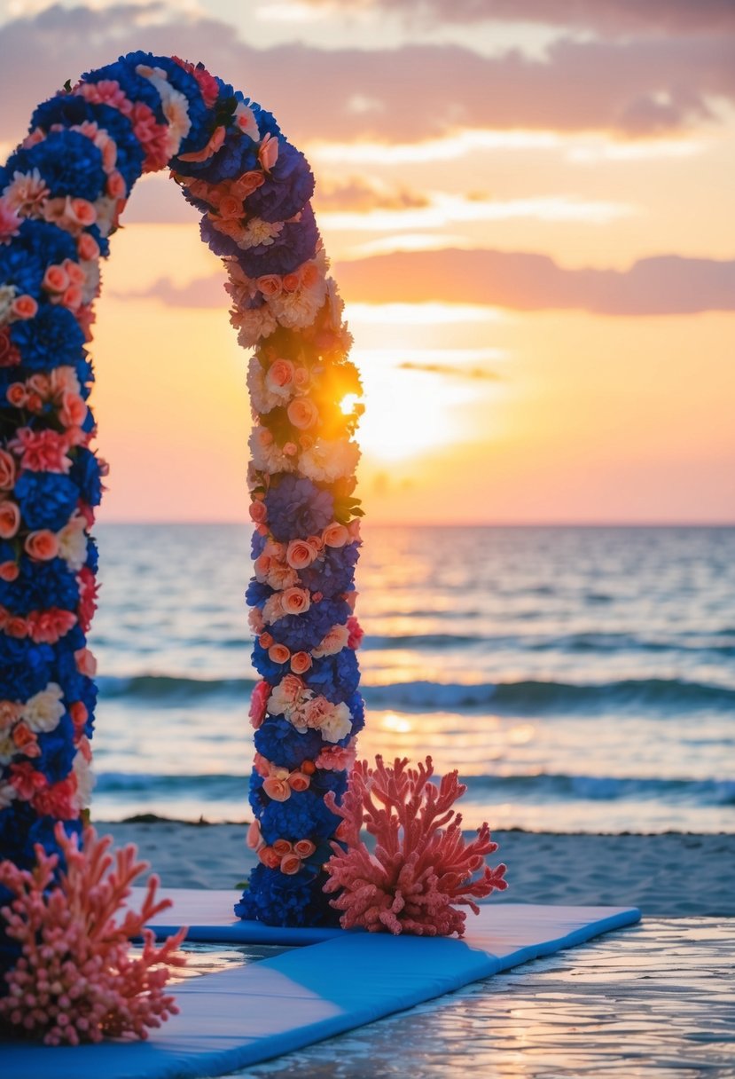 A royal blue and coral floral archway against a sunset sky