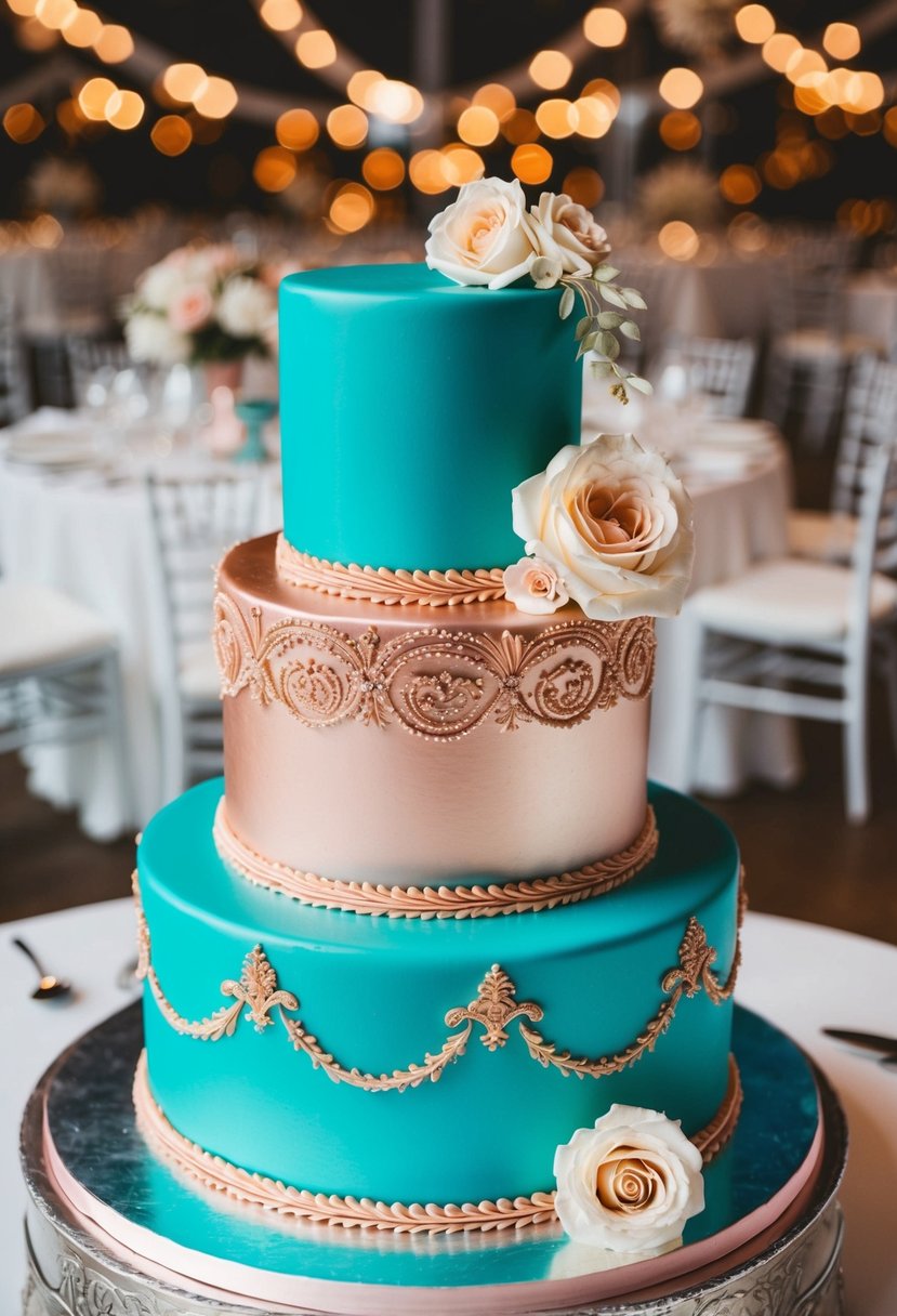 A teal and rose gold wedding cake adorned with intricate designs