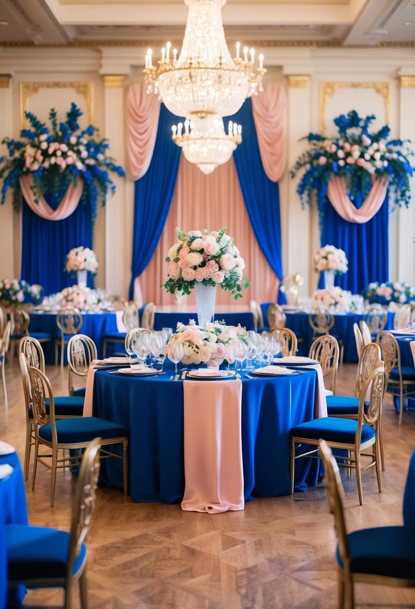 A grand ballroom adorned with royal blue and blush decor, featuring opulent floral arrangements and luxurious velvet accents