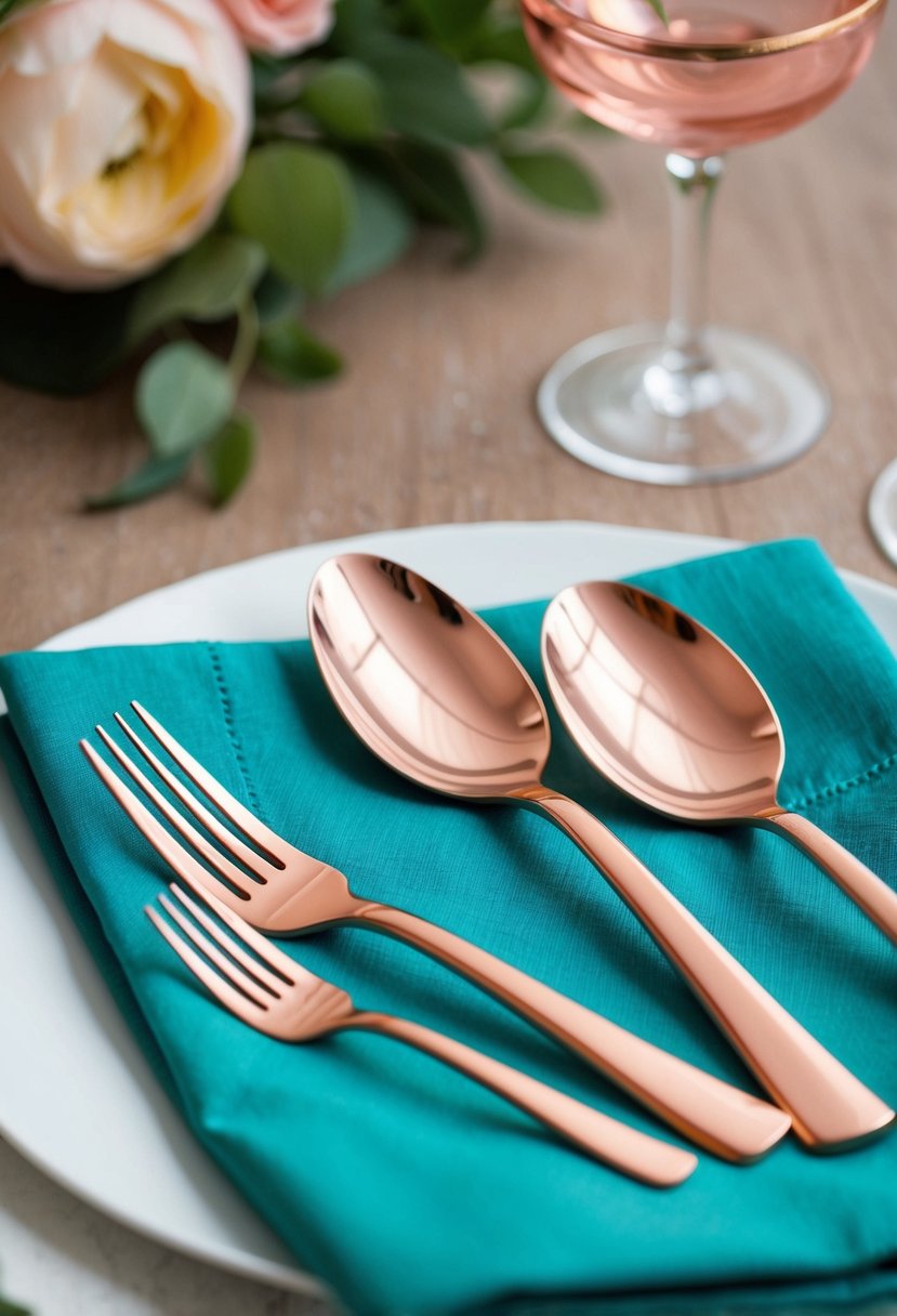 Elegant rose gold cutlery laid on teal napkins