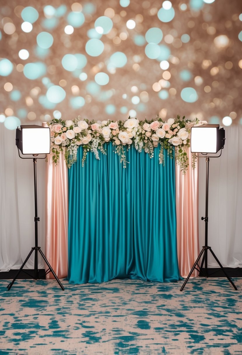 A teal and rose gold photo booth backdrop with elegant wedding decor