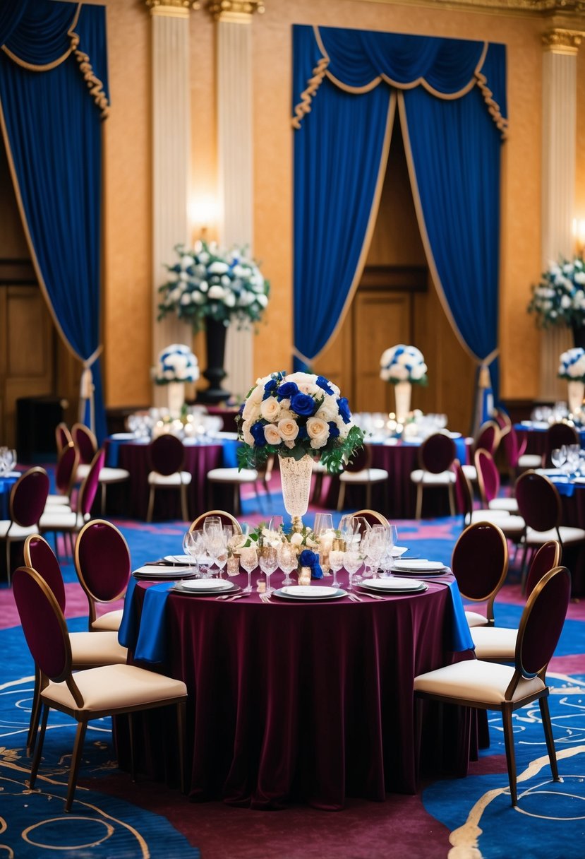 A grand ballroom adorned with royal blue and burgundy decor, featuring elegant floral arrangements and luxurious velvet accents