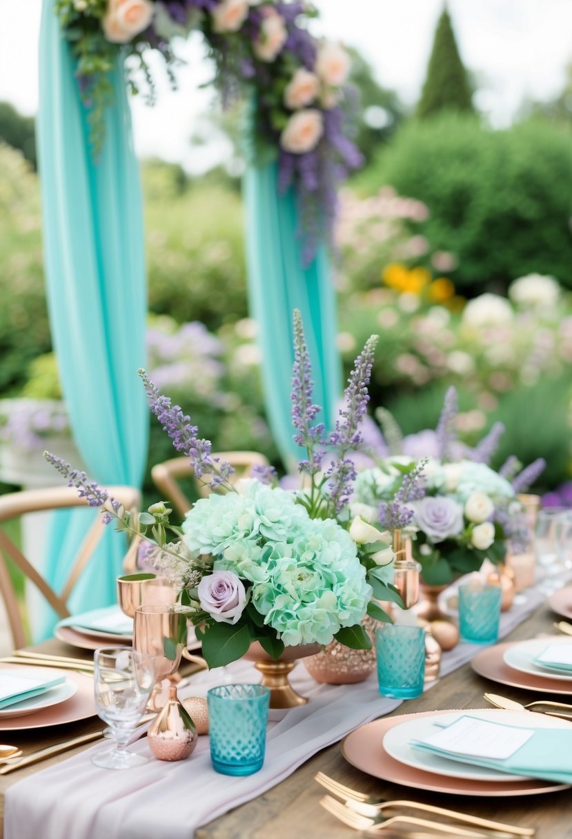 A serene garden with light teal and lavender flowers, accented with rose gold and teal decor, creating a soft and romantic wedding setting