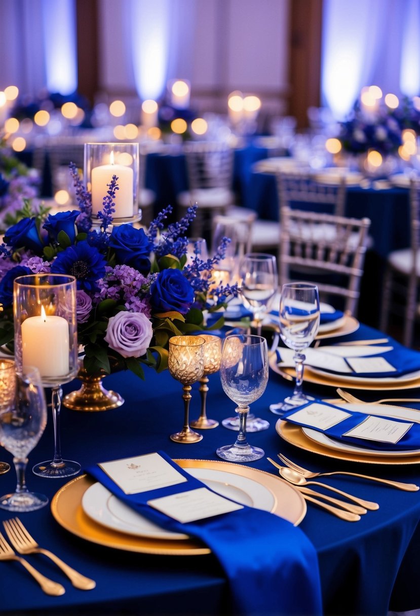 A regal table setting with royal blue and lavender floral centerpieces, elegant place settings, and shimmering candlelight