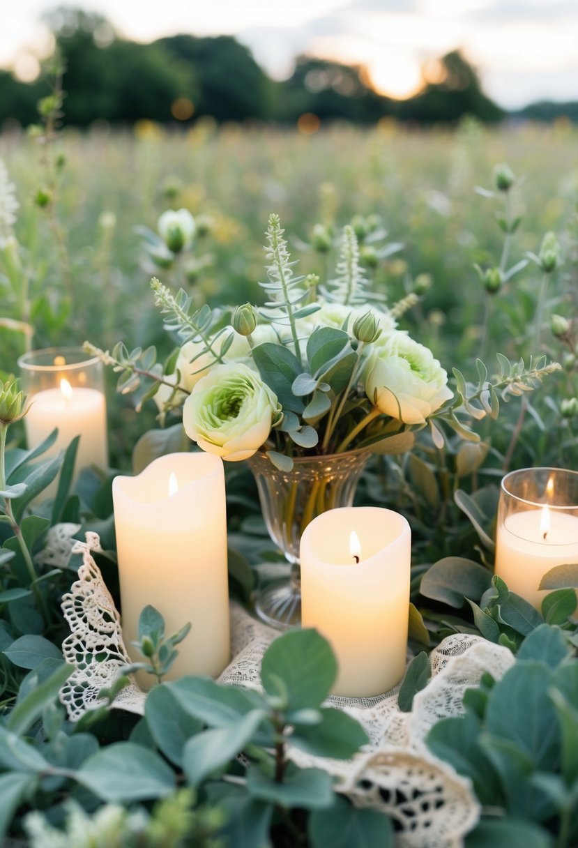 A serene meadow with sage green flowers and foliage, accented by soft candlelight and delicate lace details