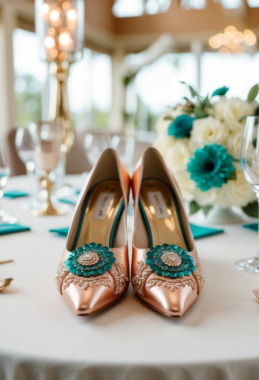 Rose gold shoes with teal embellishments on a chic wedding table with matching decor