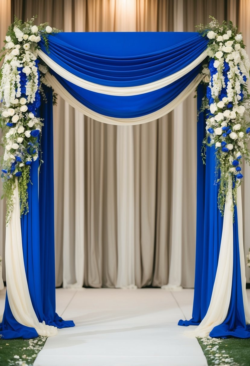 A grand royal blue and ivory wedding arch adorned with cascading flowers and flowing drapery