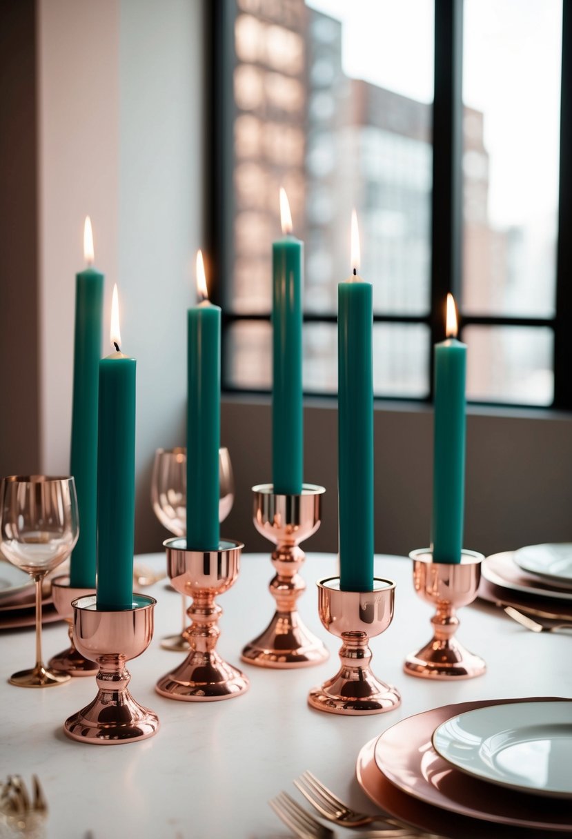 Rose gold candle holders with teal candles arranged on a table with rose gold accents