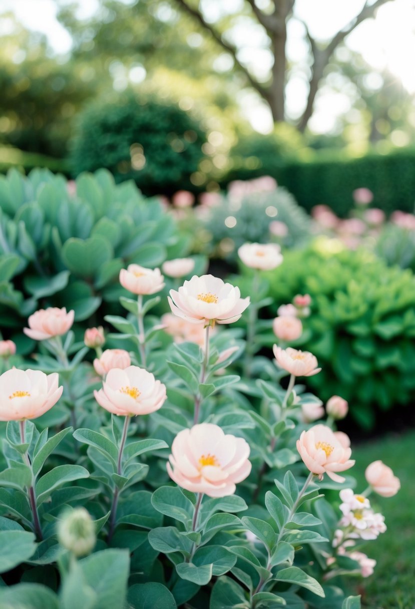 A serene garden with sage green foliage and blush pink flowers