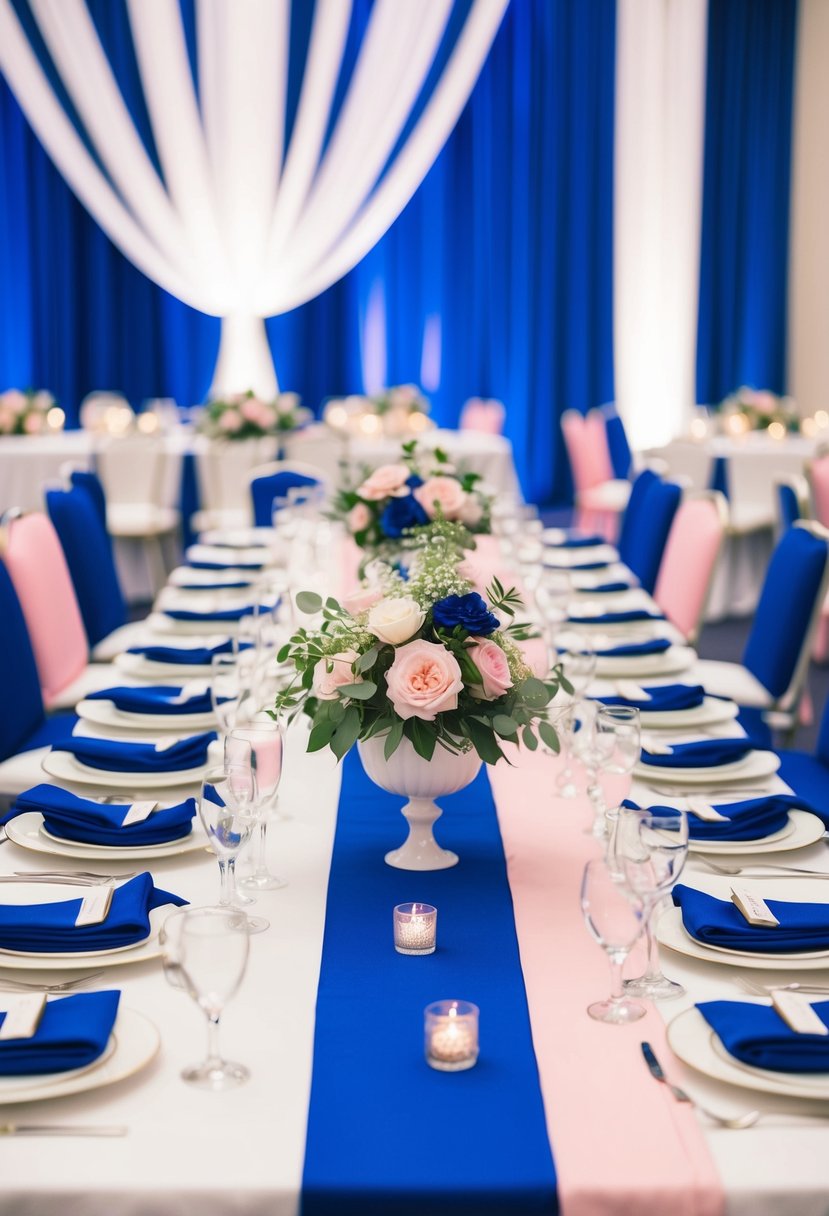 A modern royal blue and pink wedding table setting with elegant floral centerpieces and coordinating linens